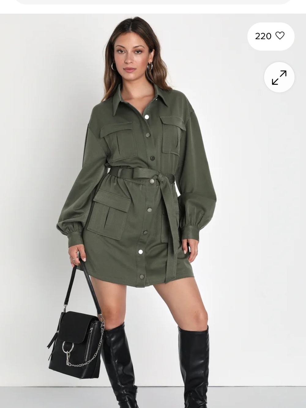 NWT Lulus Competent Charm Olive Green Balloon Sleeve Cargo Mini Dress